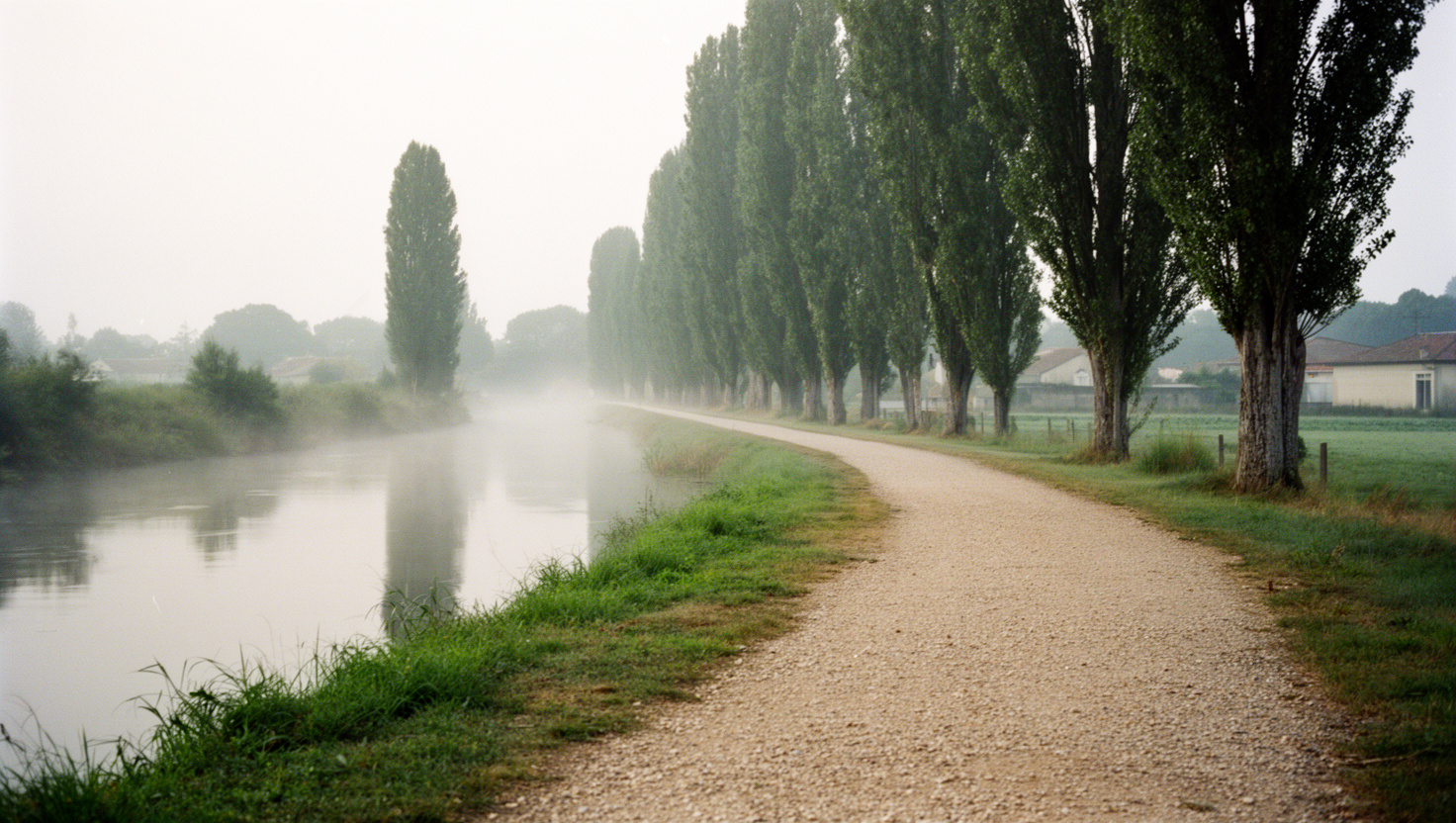 Les berges du Clain à Chasseneuil-du-Poitou, chemin de halage et peupliers au petit matin.